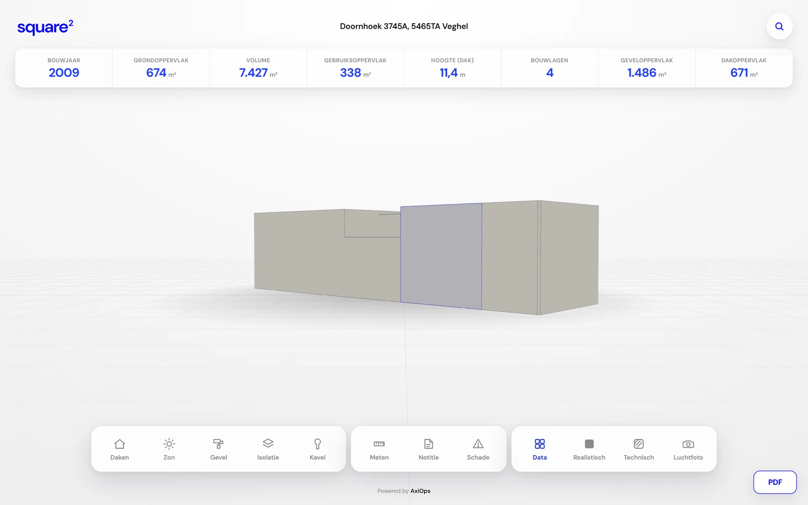3D-model van een pand in square met bouwjaar, grondoppervlak en volume erboven